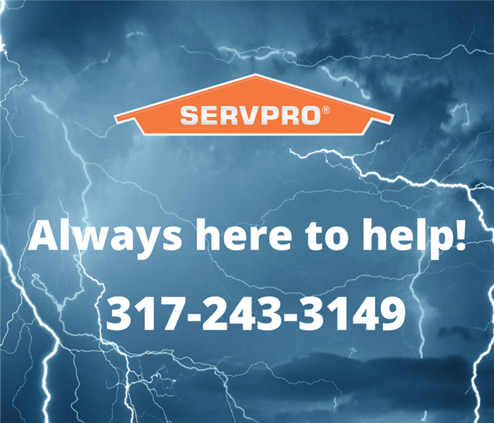 This picture is of lightning in the air with the words SERVPRO, always here to help, and our phone number. 