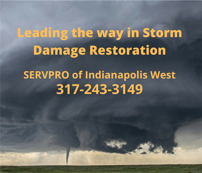 This is a photo of a large storm cloud with the words "Leading the way in storm damage restoration." 