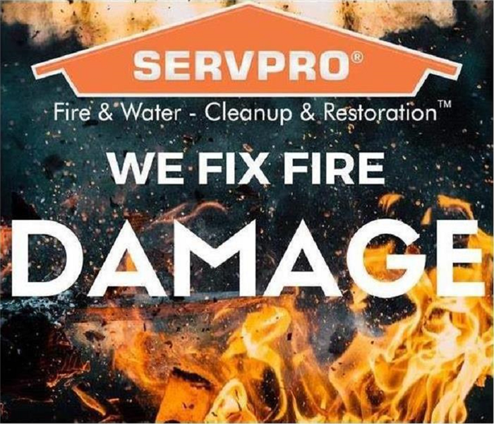 This picture shows fames and reads: "SERVPRO we fix fire damage."