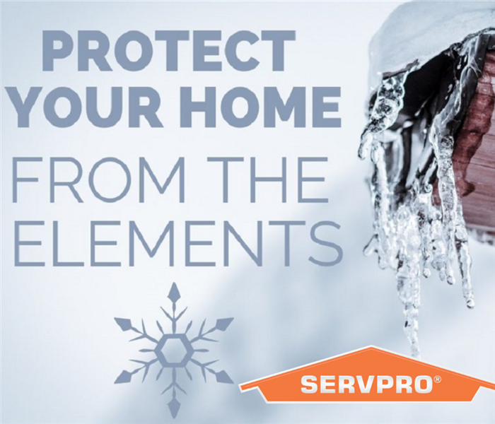 This picture reads, protect your home from the elements, with icicles from a gutter. 